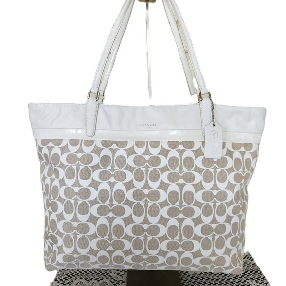 Coach Signature Tan & White Shoulder Bag Tote Purse - Picture 1 of 17